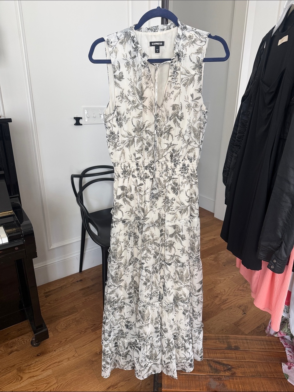 Express White Maxi Dress with Gray Floral Print